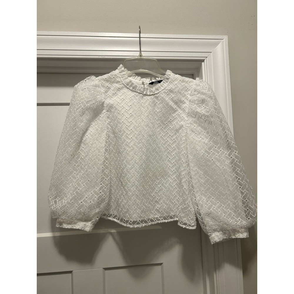 Zara White High Neck Blouse with Layer Embroidered Puff 3/4 Sleeves Size Medium